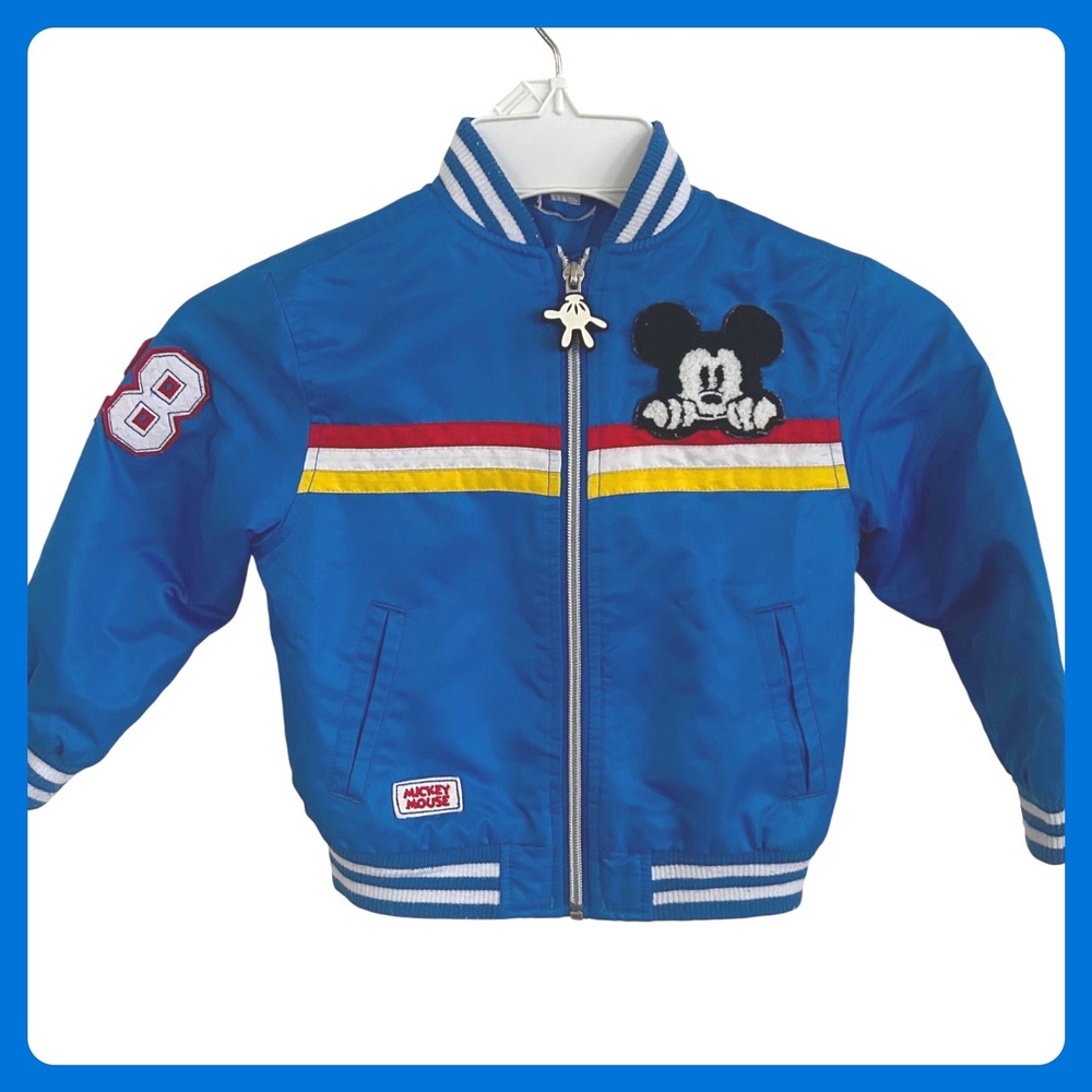 Retro Blue Mickey Mouse Bomber Jacket Racing Stripes Patch‎ Zip Up Kids Size 4T